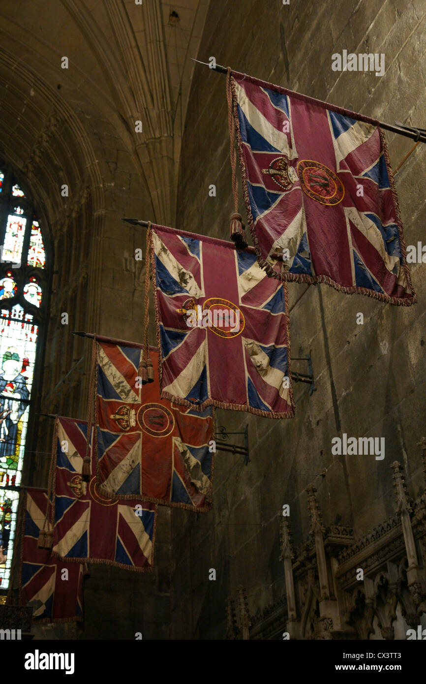 Battle flags for the Welsh Fusiliers hanging in the regimental chapel Saint Giles Church, Wrexham Wales Stock Photo