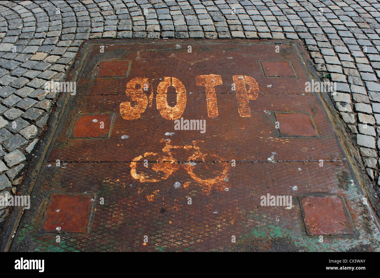 Unusual STOP FOR BIKES street sign, example of writting disorder (dysgraphia) Stock Photo