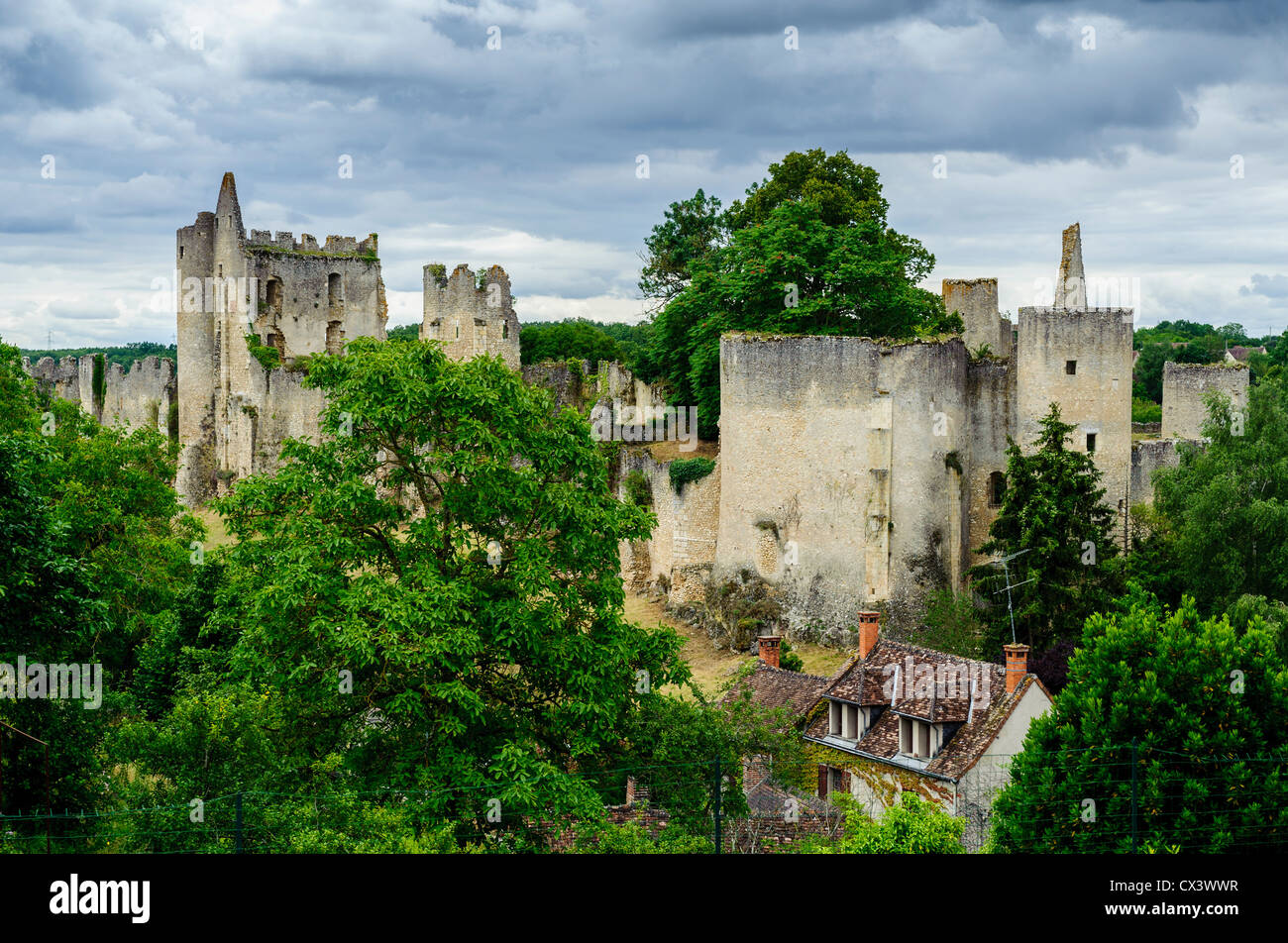 Ruins of an 11th century castle dominate the village of Angles-sur-l'Anglin, Indre, France Stock Photo