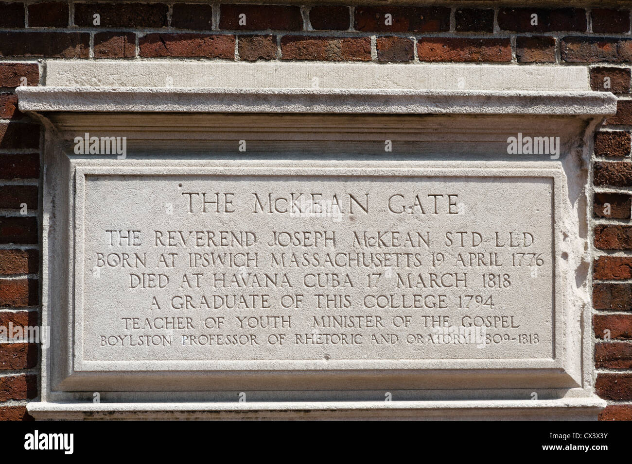 Plaque outside McKean Gate, Harvard University, Massachusetts Avenue, Cambridge, Boston, Massachusetts, USA Stock Photo
