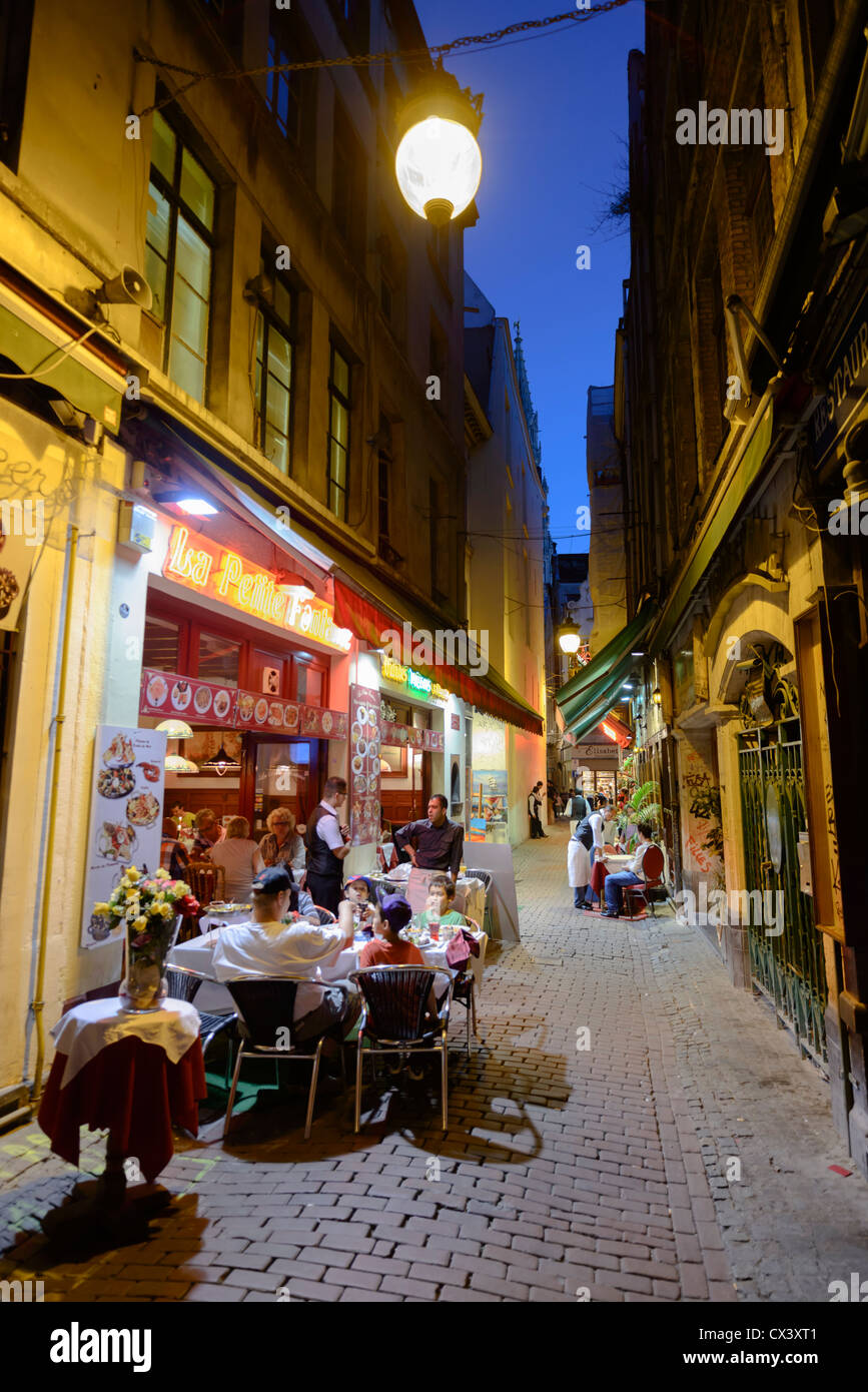 Restaurants in Impasse Schuddeveld next to Rue Des Bouchers , Brussels, Belgium Stock Photo