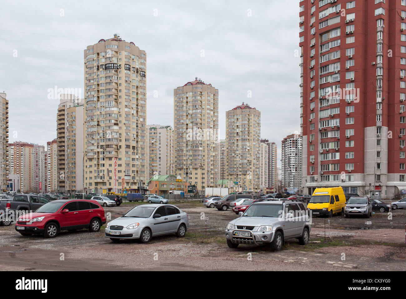 Parking in the outskirts Osokorki in Kiev, Ukraine, Eastern Europe. Stock Photo