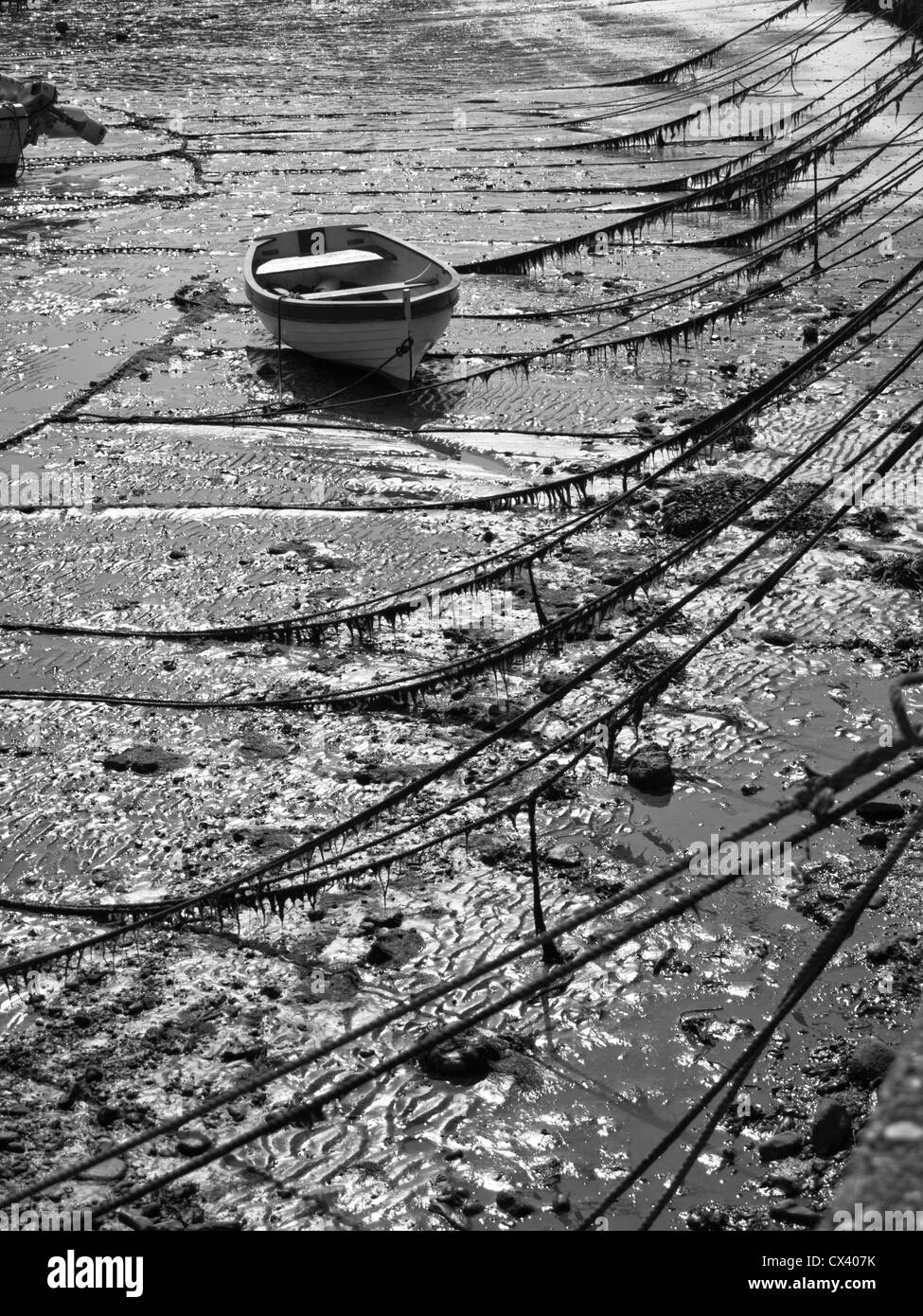 Black and white image of small boat at low tide in Lyme Regis Harbour, UK. Stock Photo