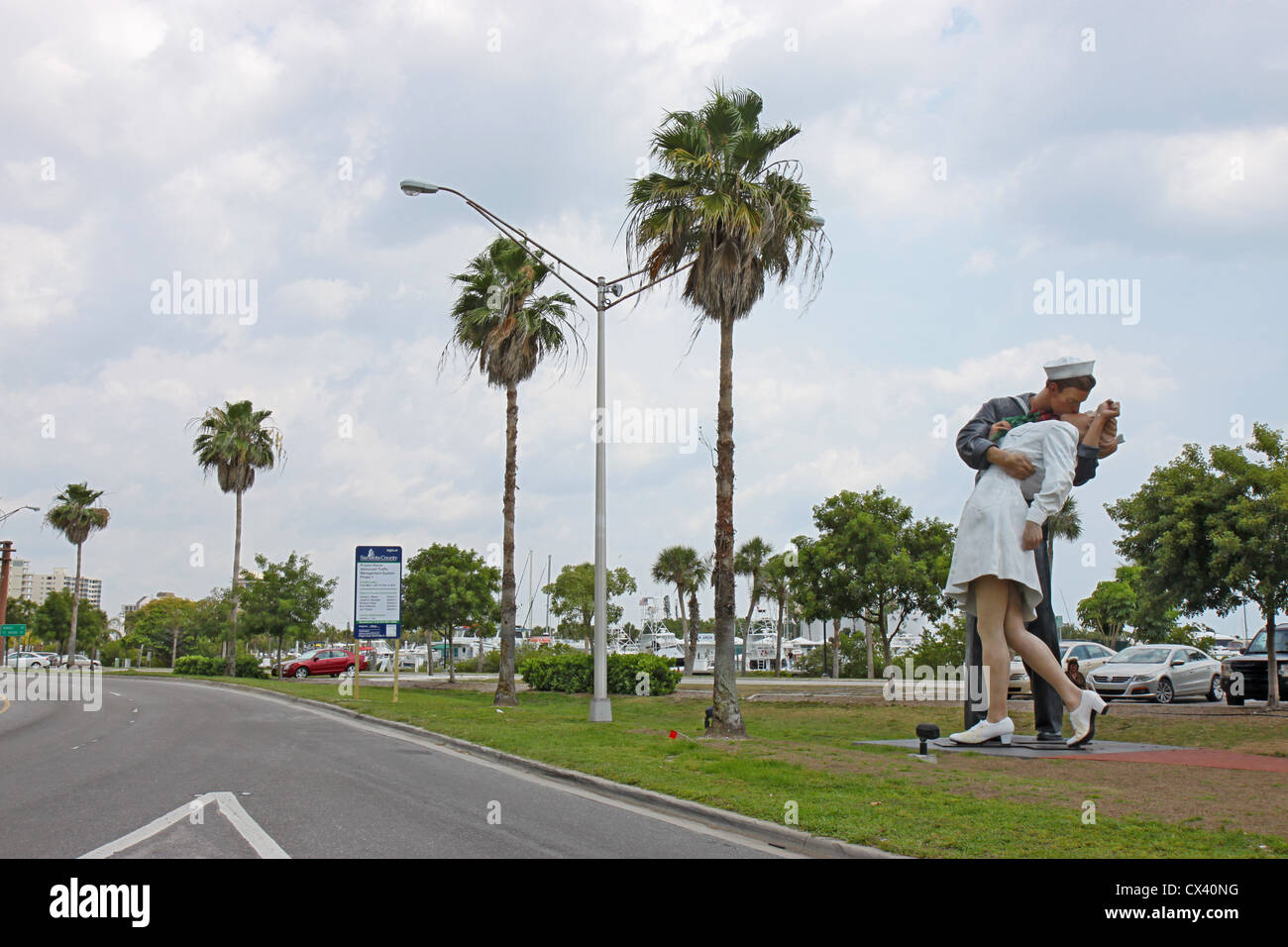 Unconditional Surrender statue and palm trees in Sarasota, Florida