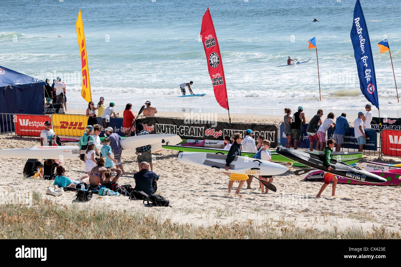 Surf Lifesaving carnival Tugun Beach Queensland surf clubs attend a surf carnival held on the Gold Coast and at Tugun beach Stock Photo