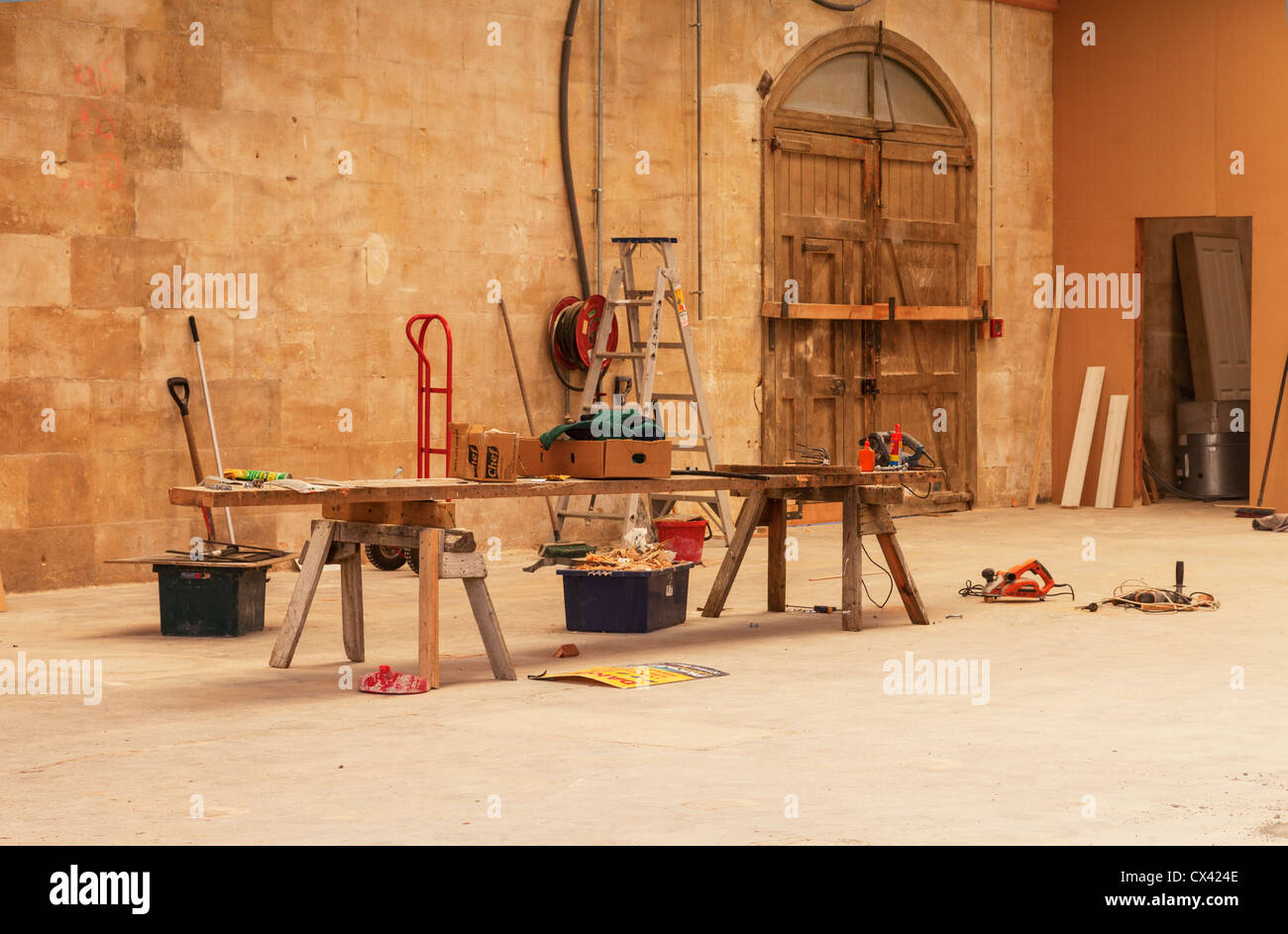 Interior of an old warehouse in Oamaru's Victorian Precinct, where renovation is taking place. Stock Photo