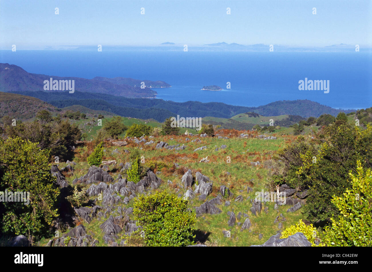 View towards North Island from Takaka Hill, South Island, New Zealand