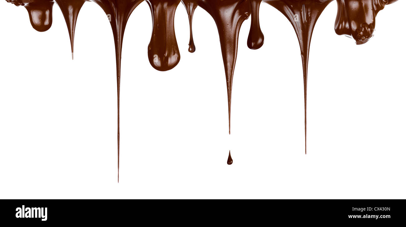 Hot chocolate streams dripping isolated on white Stock Photo