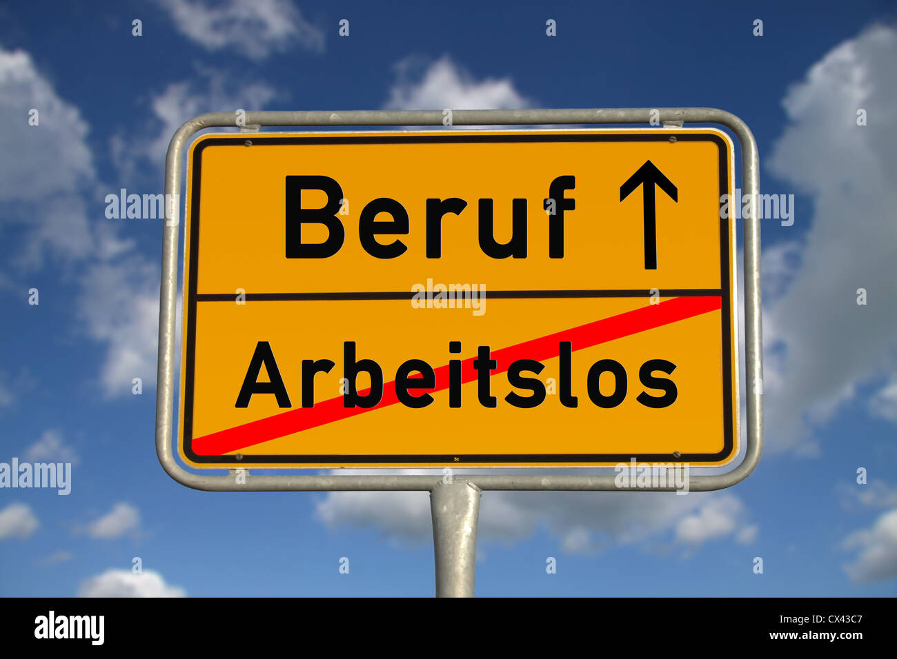 German road sign unemployed and profession work with blue sky and white clouds Stock Photo