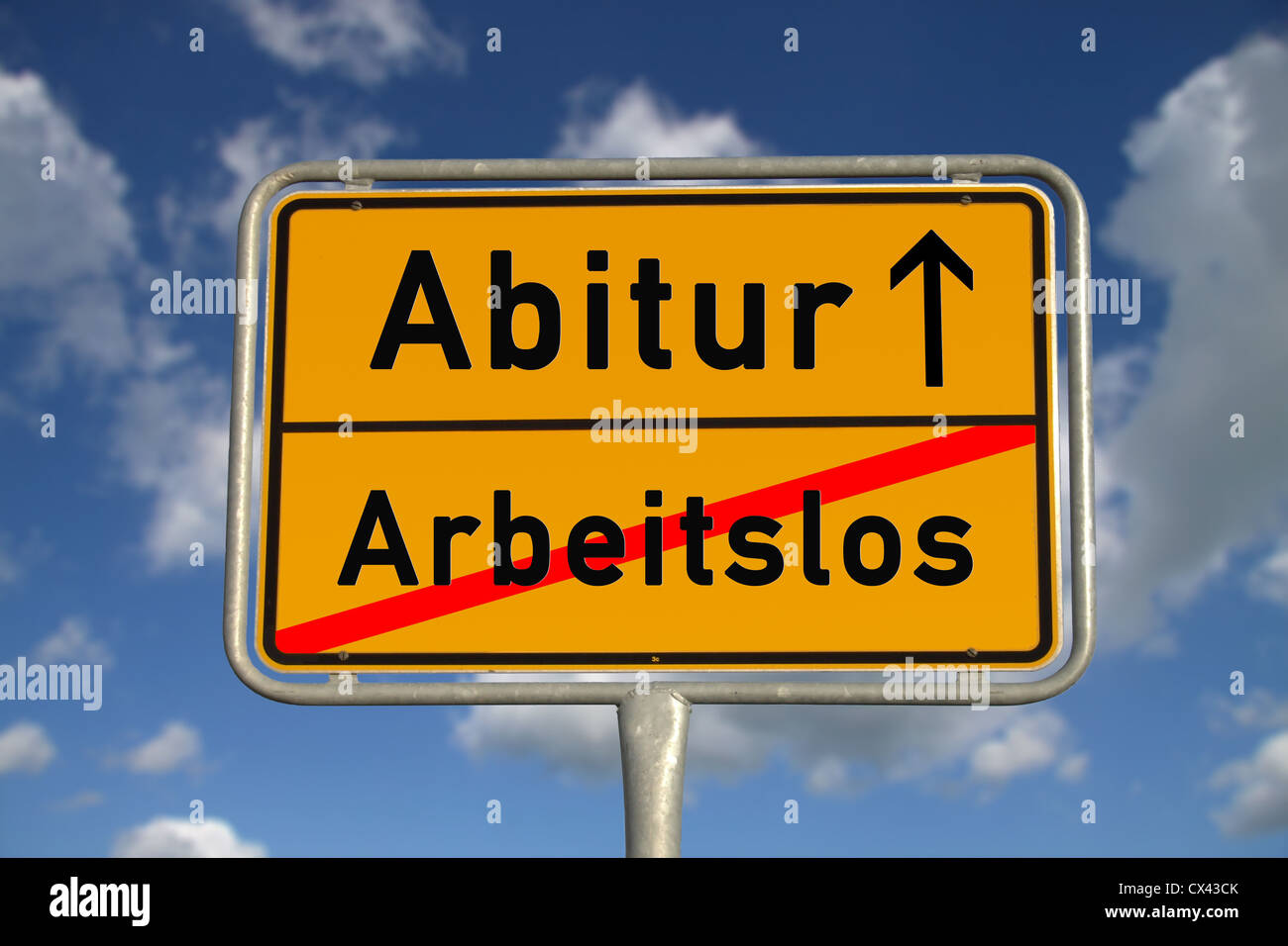 German road sign unemployed and graduation with blue sky and white clouds Stock Photo