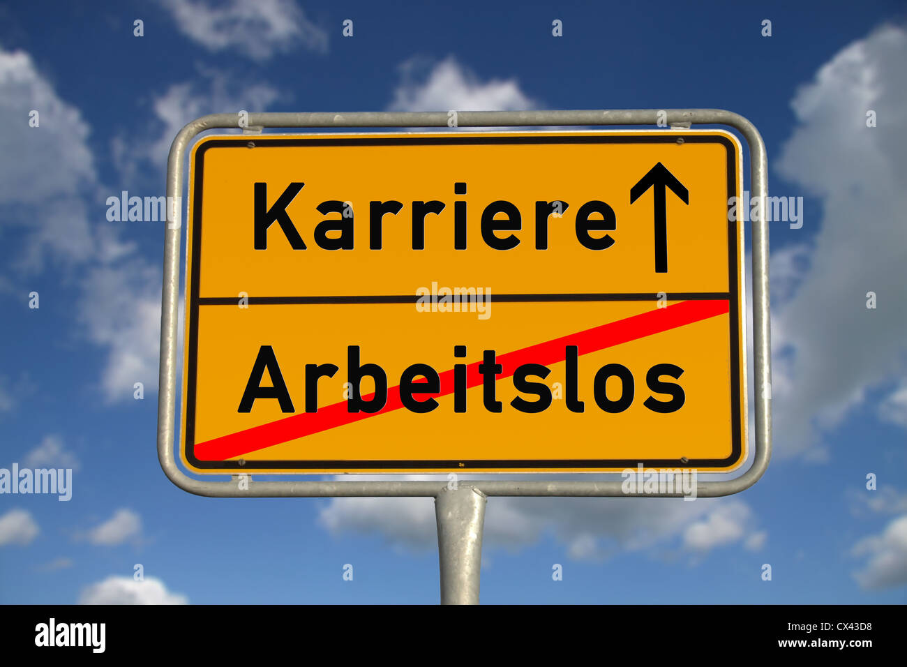German road sign unemployed and career with blue sky and white clouds Stock Photo