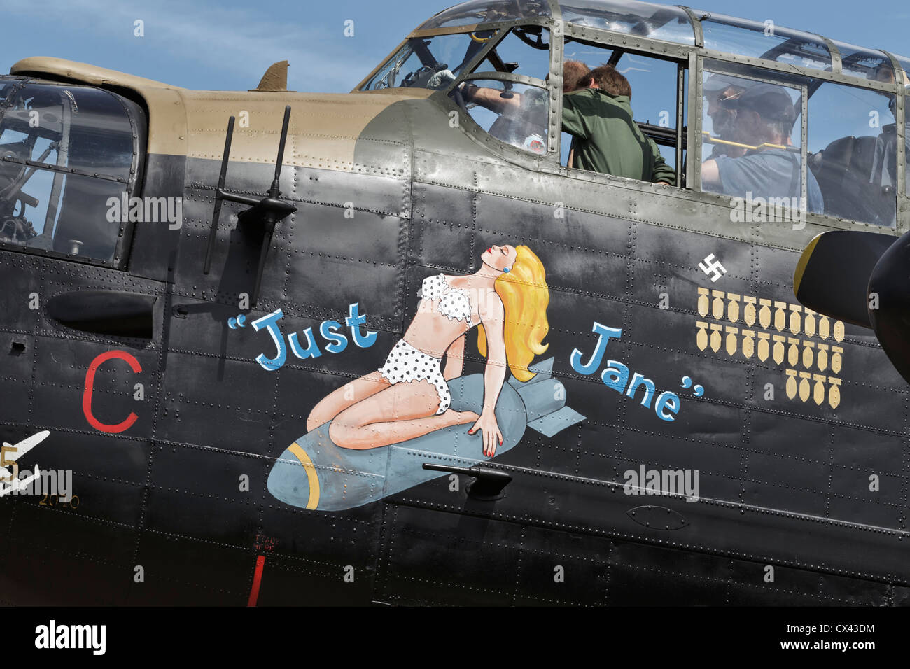 Just Jane nose art on aircraft Avro Lancaster RAF bomber Stock Photo