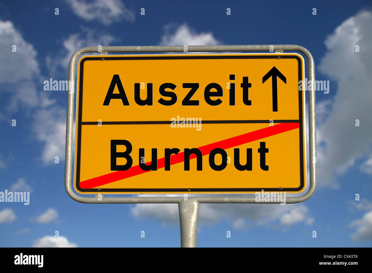 German road sign burnout and time-out with blue sky and white clouds Stock Photo