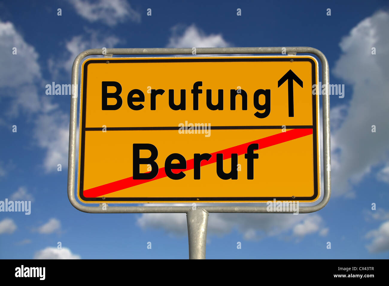 German road sign profession and mission with blue sky and white clouds Stock Photo