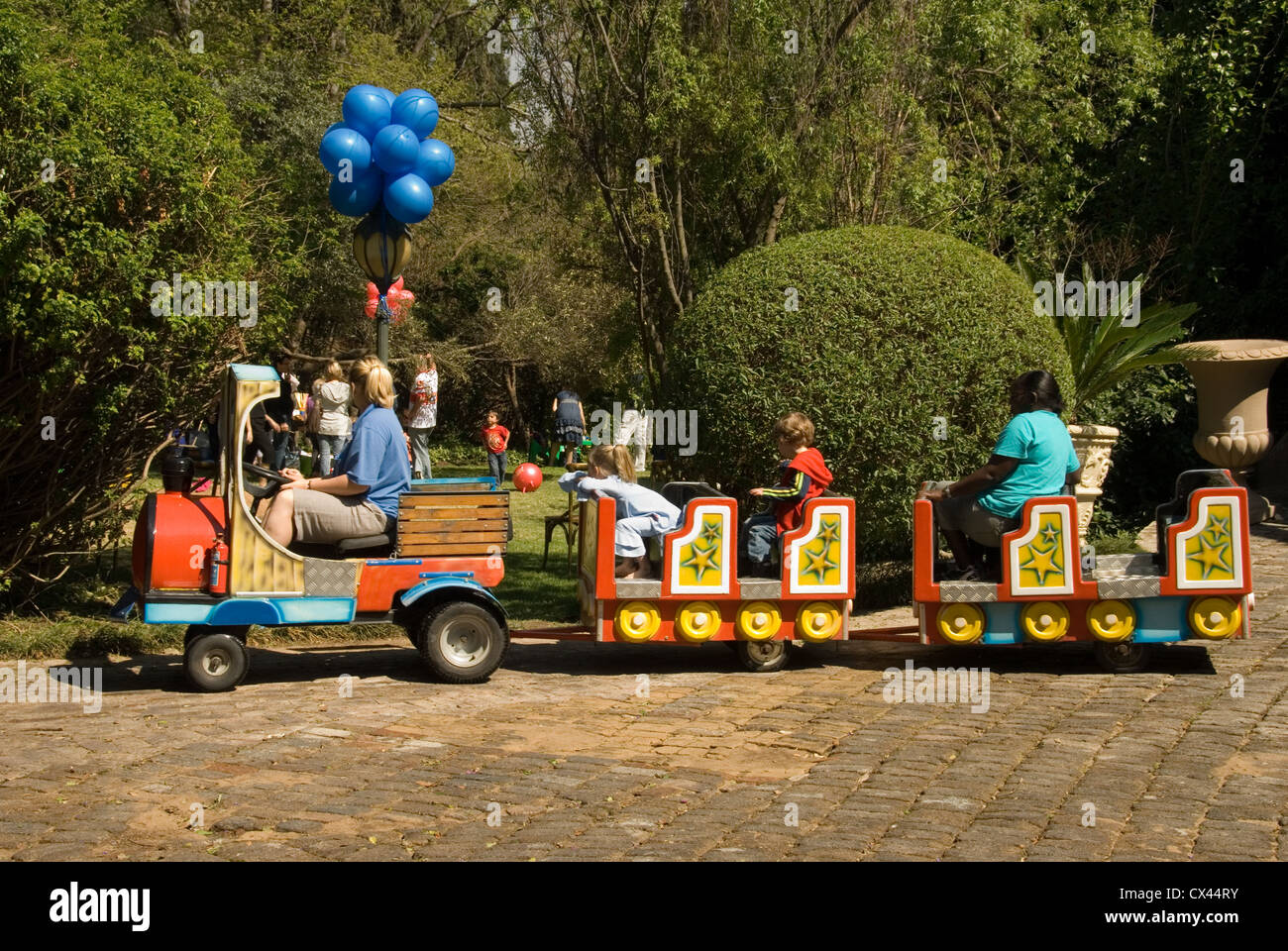 Children's party with train ride. Stock Photo