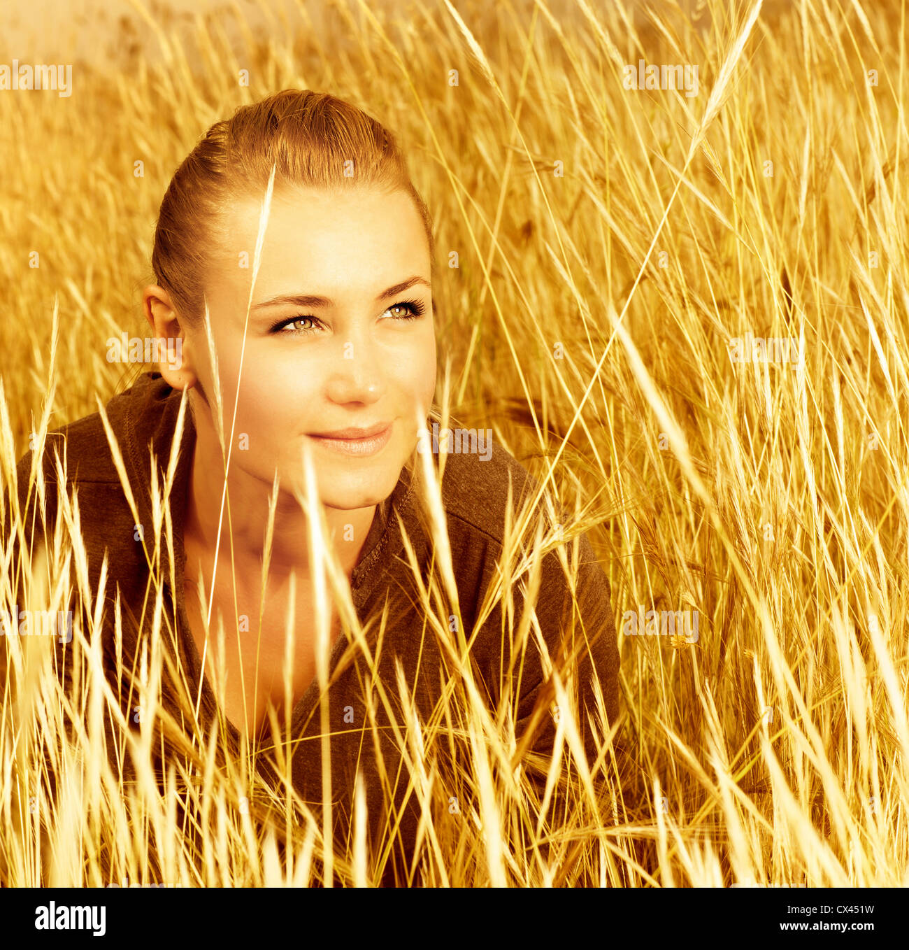 Picture of pretty woman sitting on wheat field, closeup portrait of cute young lady on golden ryes background, autumn harvest Stock Photo