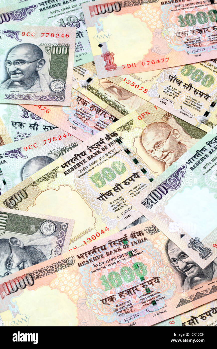 Closeup view of Indian rupee bank notes Stock Photo