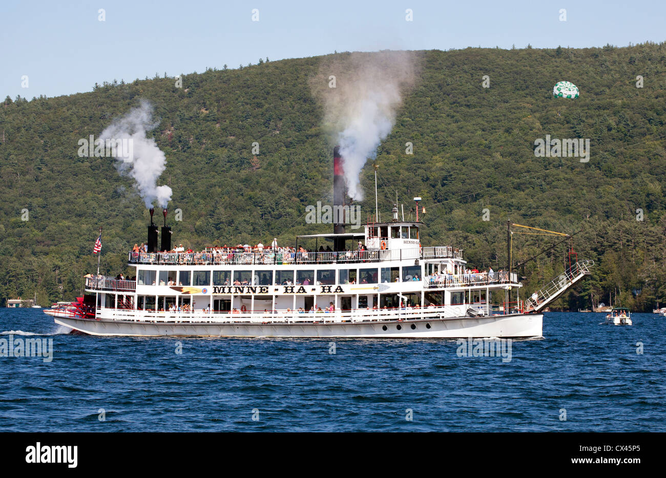 Minne-Ha-Ha steam powered stern wheel excursion cruise ship United States America Adirondack State Park Lake George New York Stock Photo