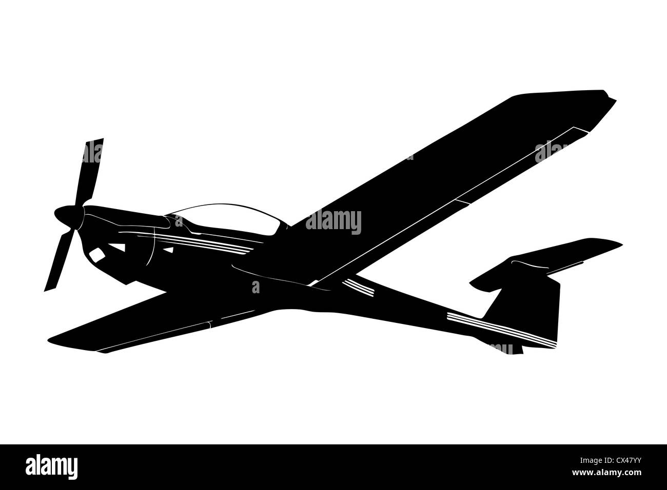 A silhouette of a small plane in flight isolated against white ...