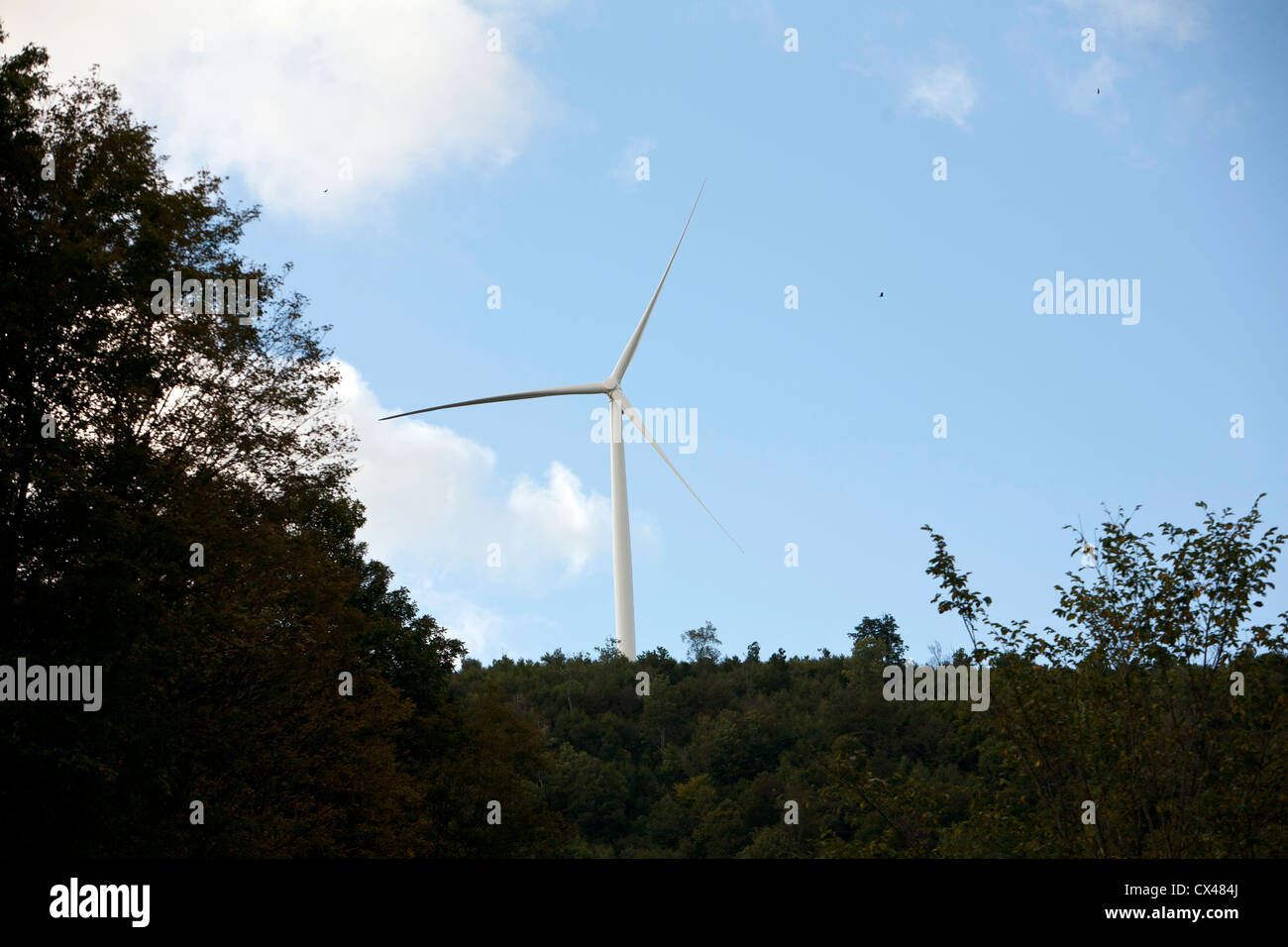 A large wind turbine spins on a mountain ridge in Roaring Branch