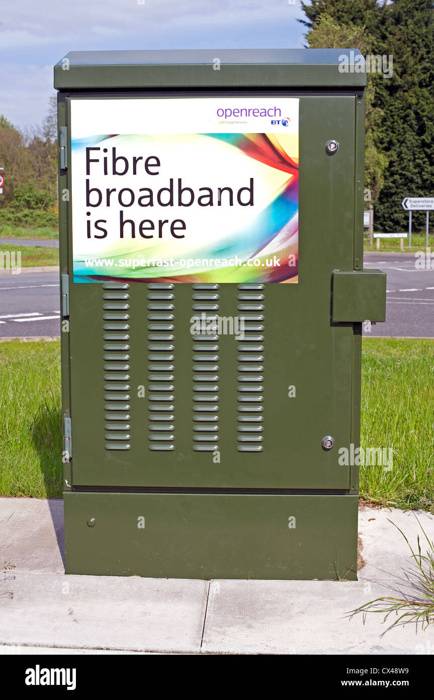 BT Fibre broadband is here sticker on a telephone junction box Stock Photo