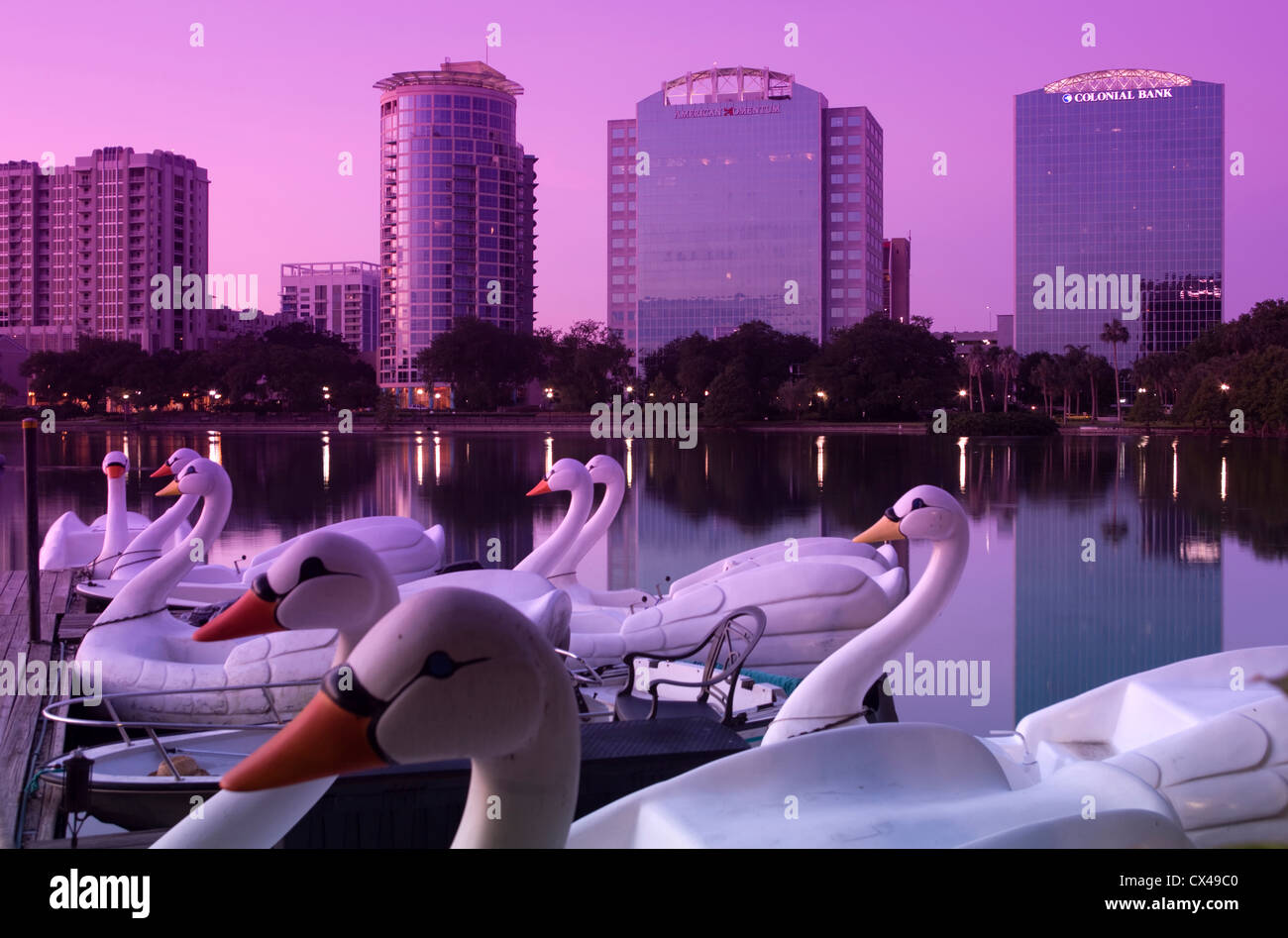 SWAN PADDLE BOATS DOWNTOWN SKYLINE LAKE EOLA PARK ORLANDO FLORIDA USA