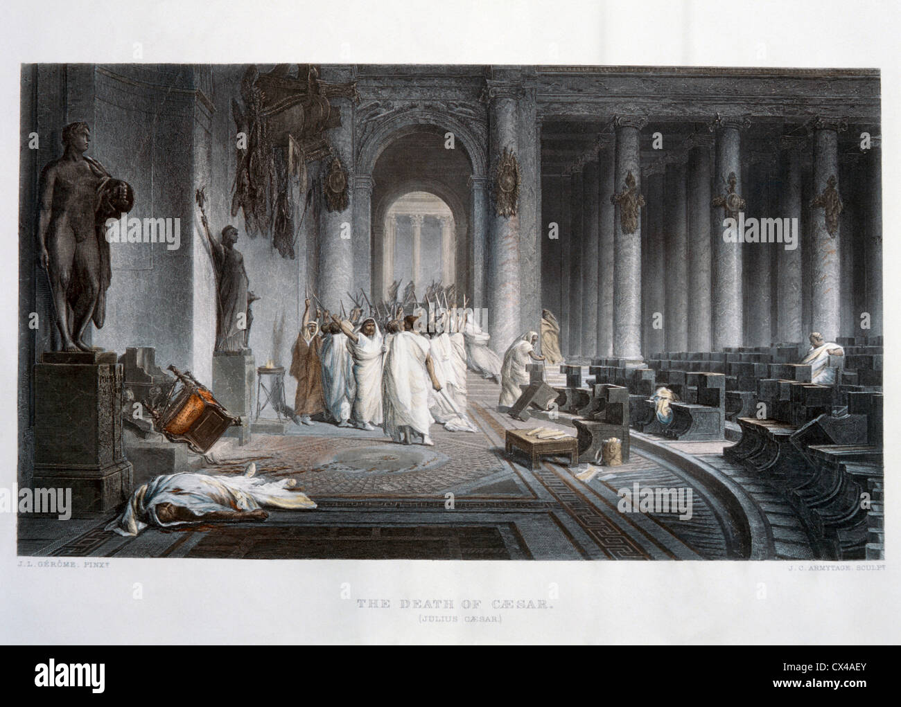 Assassination of Julius Caesar, 44BC, Hand-Colored Engraving Stock Photo
