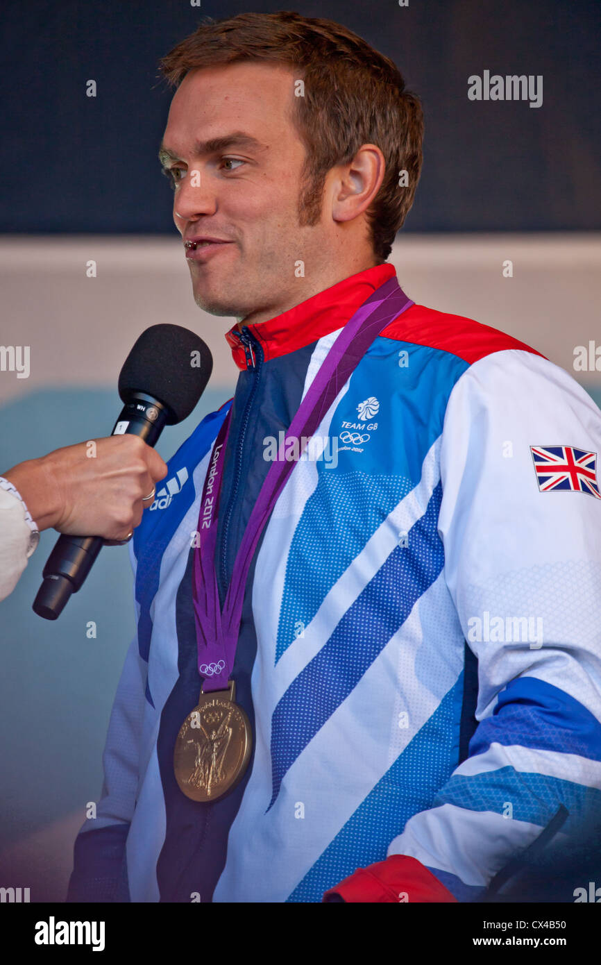 Timothy (Tim) Baillie, Olympic Gold Medallist (Canoe Slalom C2)and European champion 2012, being interviewed: homecoming for Scottish Olympians. Stock Photo