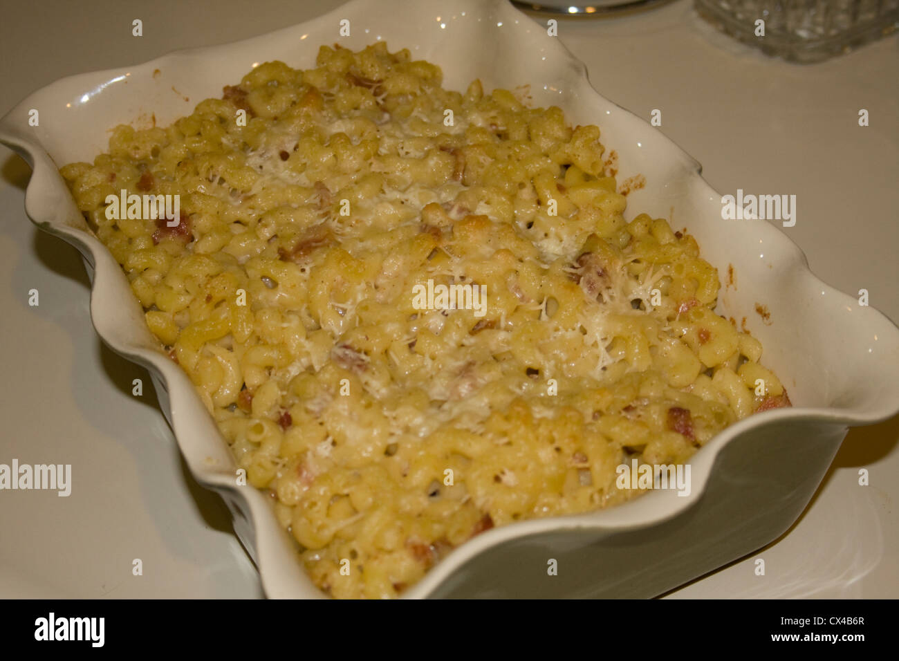 Gourmet macaroni and cheese, ready to be placed into the oven for baking. Stock Photo