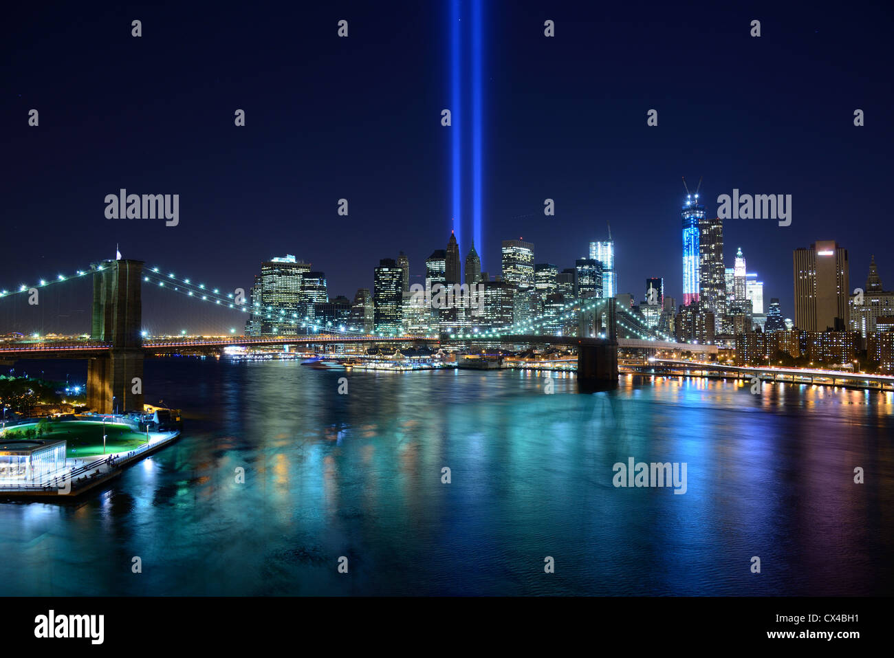 New York City Skyline with Tribute of LIght Memorial for September 11 Stock Photo