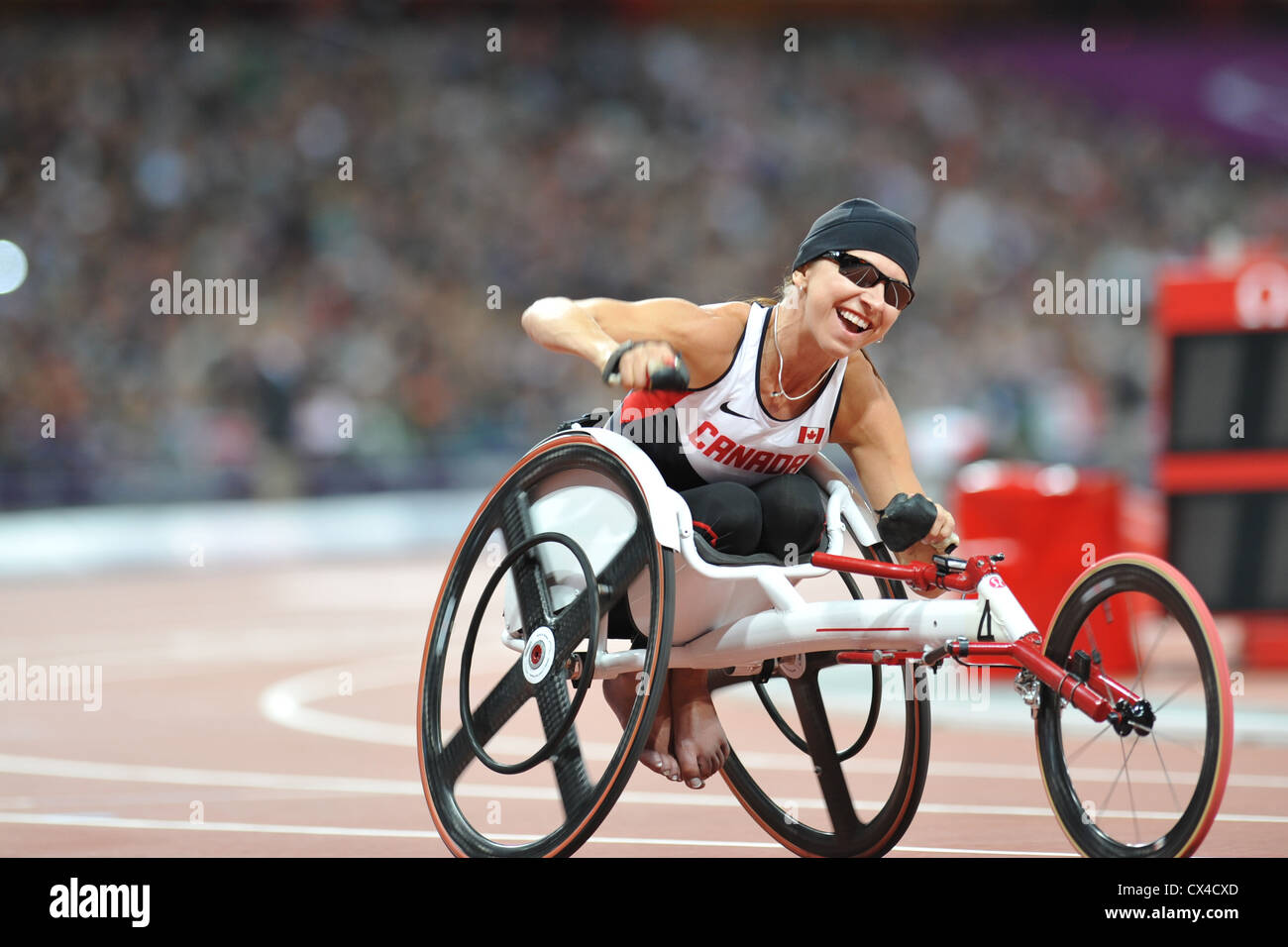 Michelle Stilwell (CAN) looking euphoric after winning the Women's 200m
