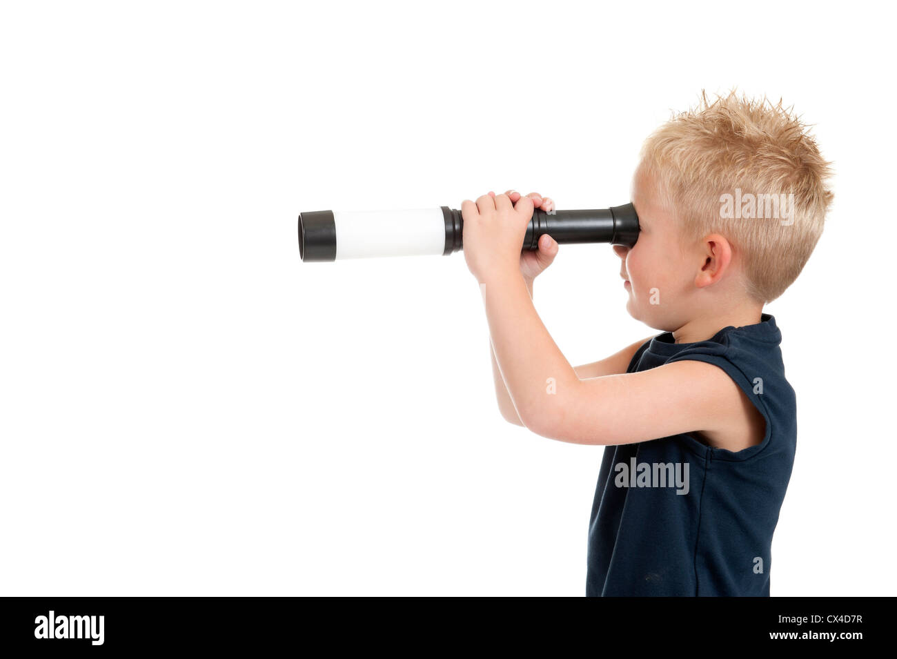 boy with spyglass, isolated  on white Stock Photo