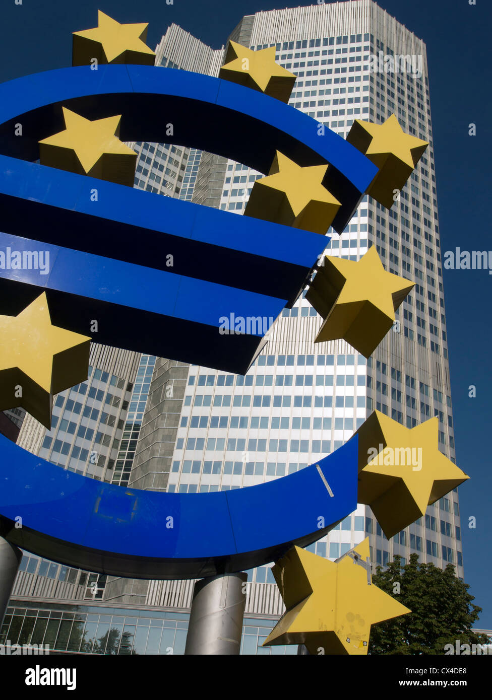 Large Euro sign outside headquarters of European Central Bank (ECB) in Frankfurt Germany Stock Photo