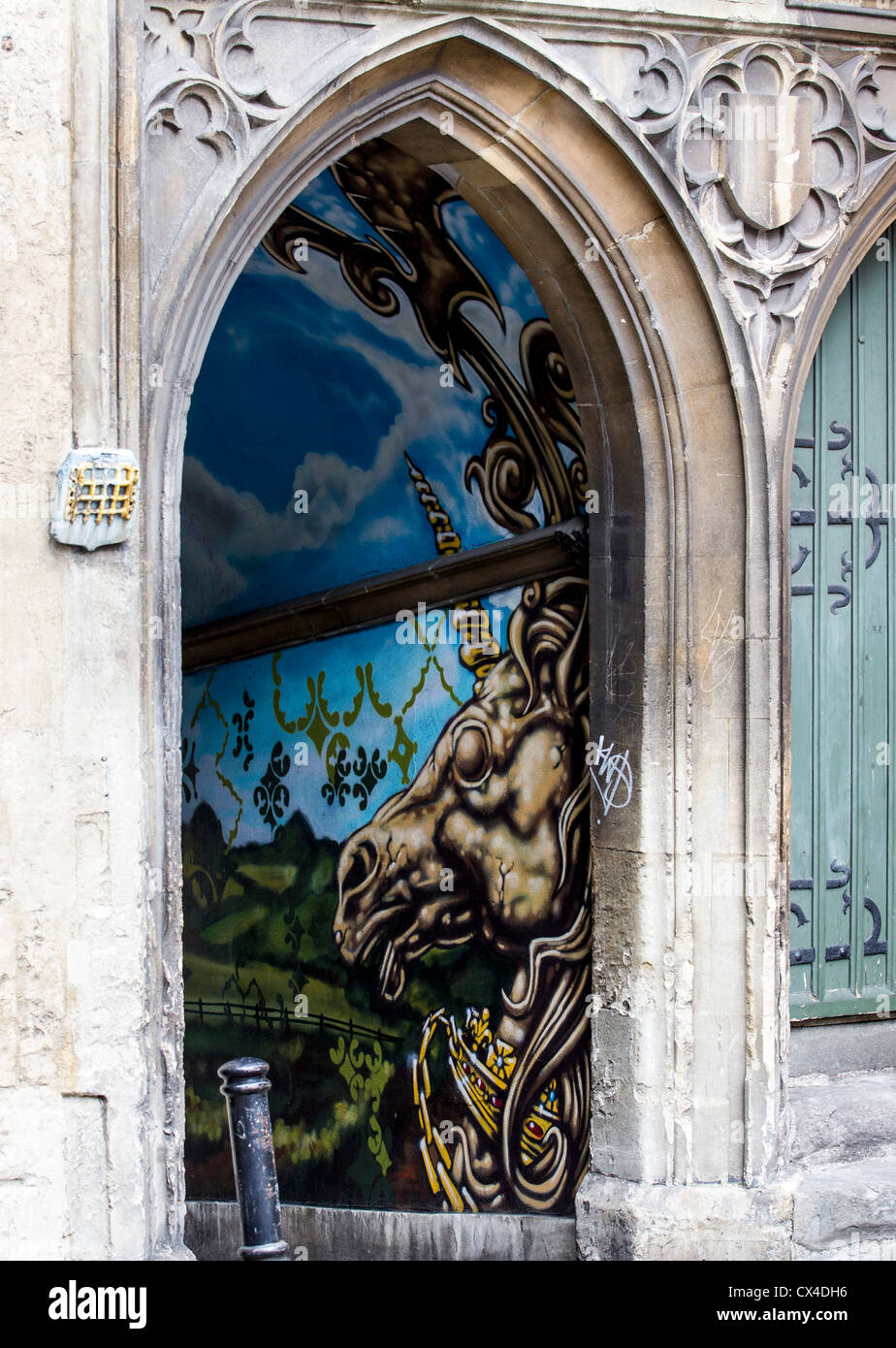 Mural depicting fantastical and mythical creatures at St. John's Gate in Bristol Stock Photo