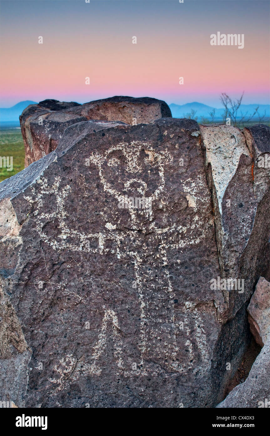 Jornada Mogollon style rock art at Three Rivers Petroglyph Site, sunrise, Chihuahuan Desert near Sierra Blanca, New Mexico, USA Stock Photo