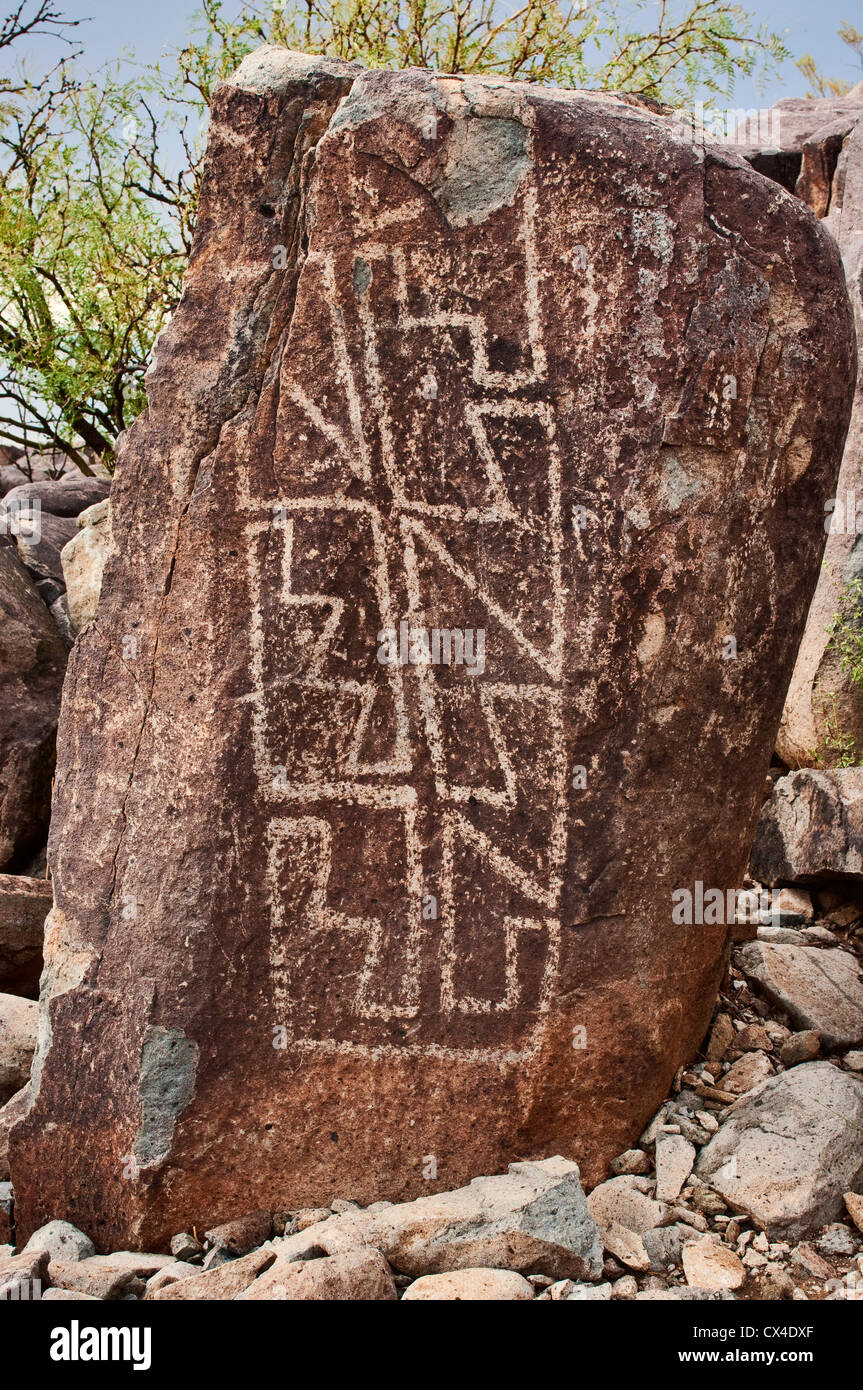 Jornada Mogollon style rock art at Three Rivers Petroglyph Site at Chihuahuan Desert near Sierra Blanca, New Mexico, USA Stock Photo