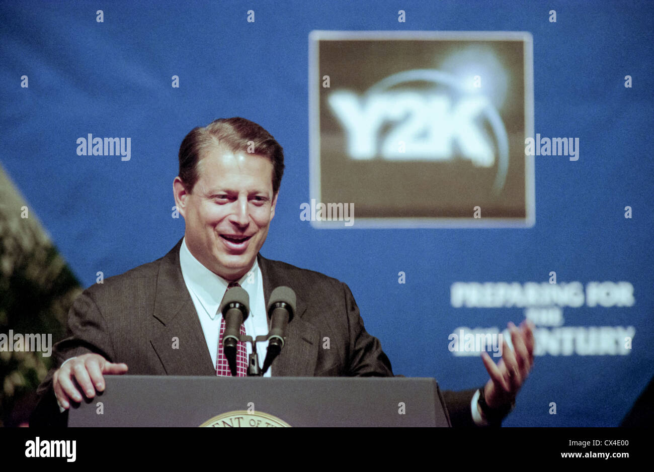 Vice President Al Gore discusses the computer glitch known as the Year 2000 problem or by it's acronym 'Y2K' during a speech at the National Academy of Science July 14, 1998 in Washington, DC. The glitch involves the failure of computer software to recognize the year 2000 and can potentially cause massive problems in government and industry. Stock Photo