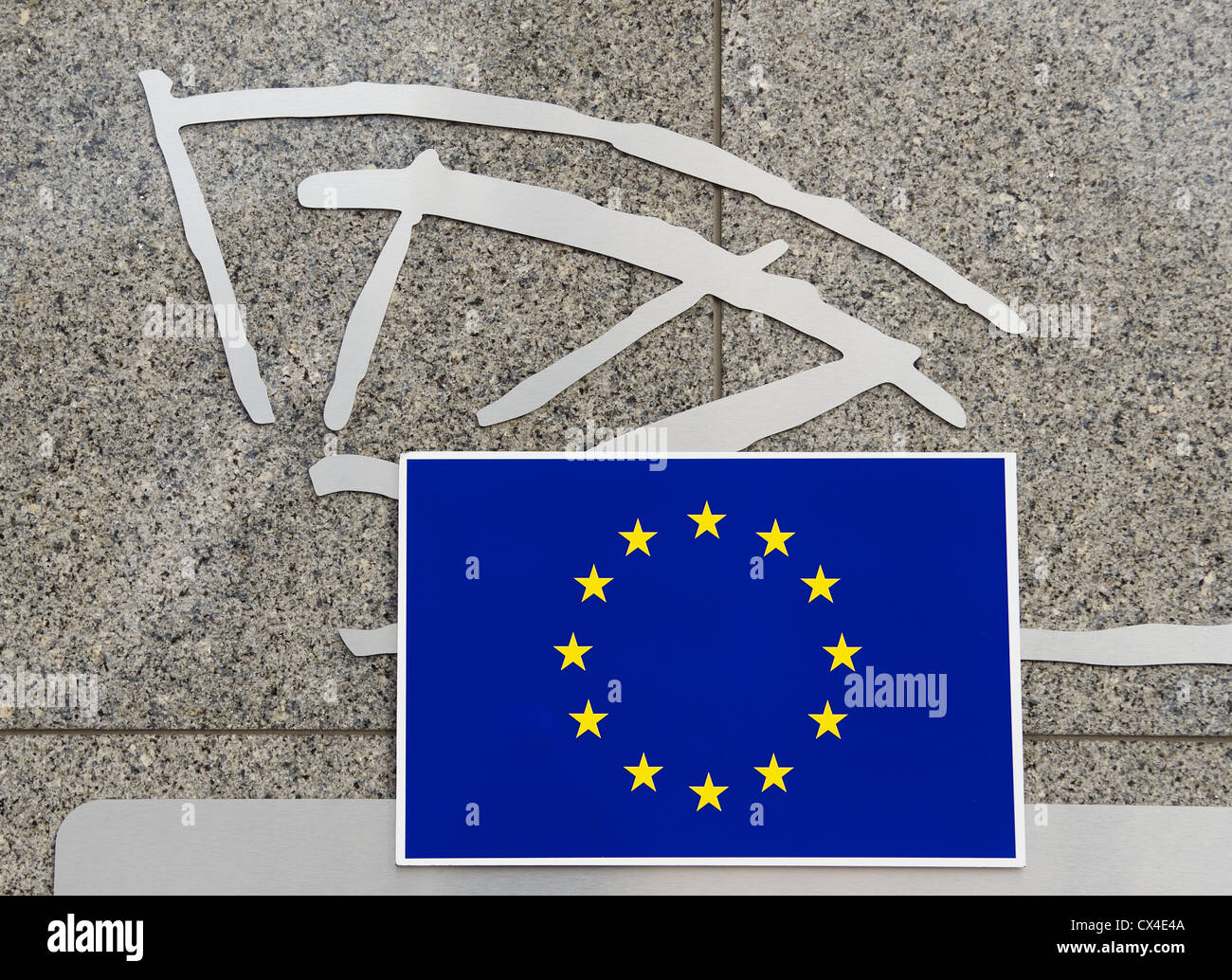 European Union flag and symbol on the wall of the European Parliament buildings in Brussels, Belgium Stock Photo
