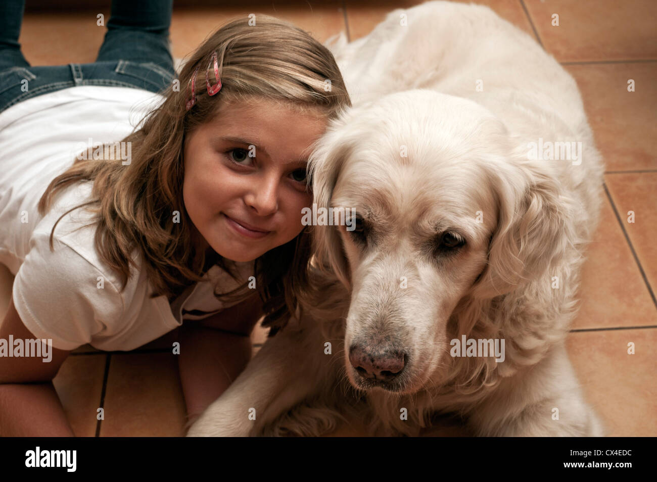 9 years girl with her golden retriever dog Stock Photo - Alamy