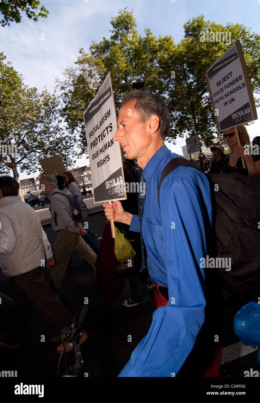 Peter Tatchell campaigning “Secular Europe Campaign” Protest March&Rally central London.  Sat 15th September 2012 Stock Photo