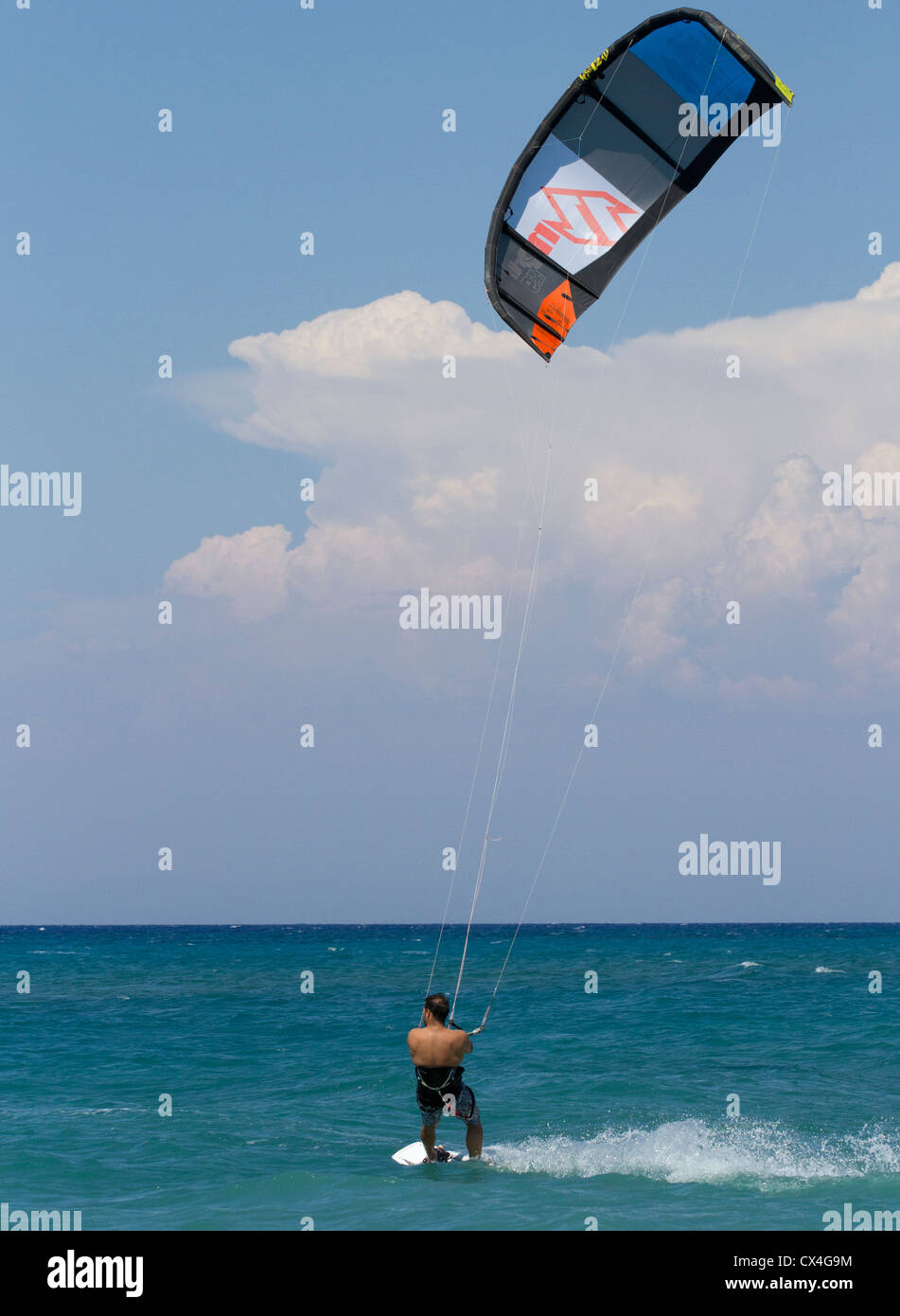 Kitesurfing or kiteboarding on the Island of Rhodes, Aegean, Greece Stock Photo Alamy