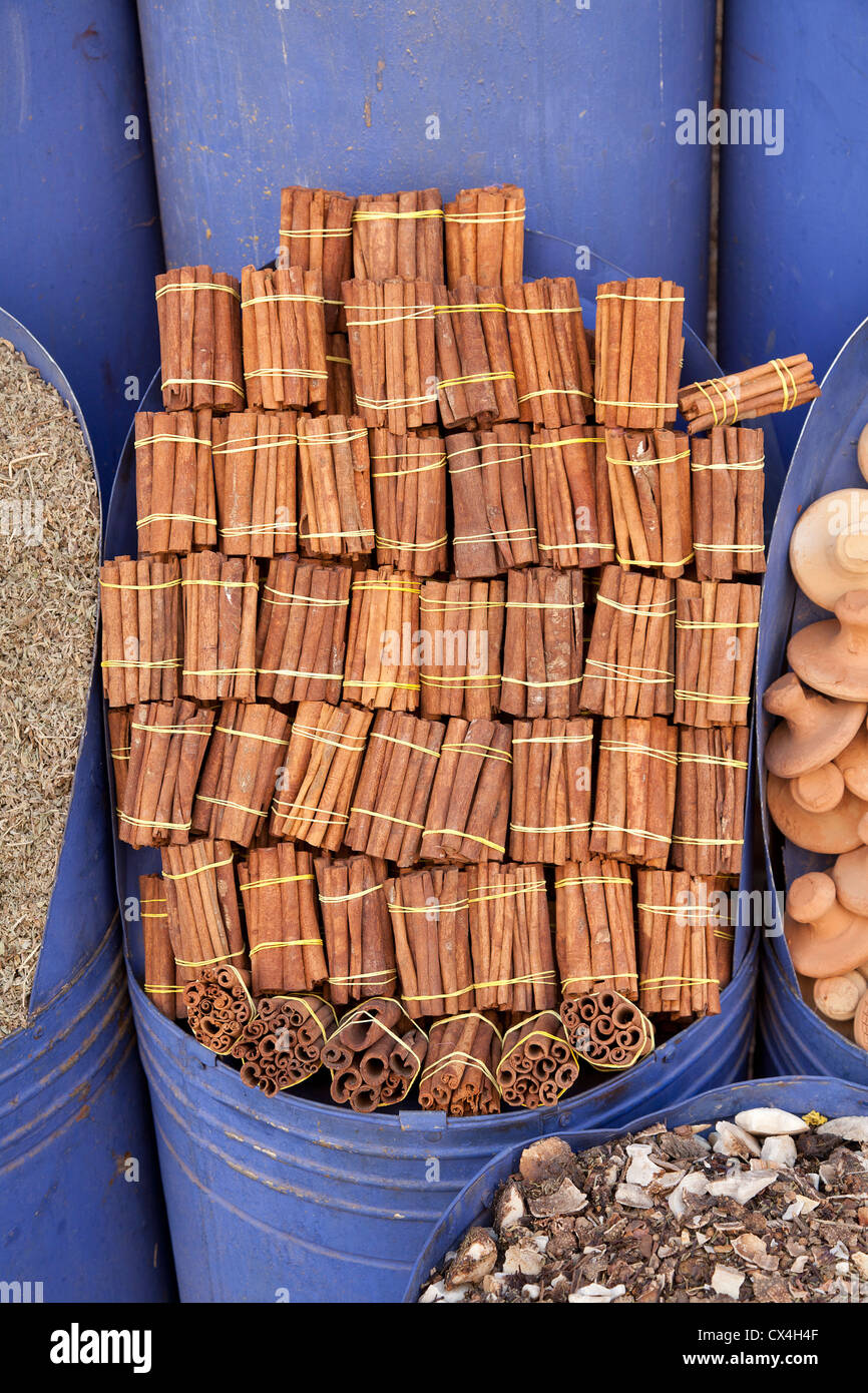 Cinnamon sticks on the market in Marrakesh, Morocco Stock Photo