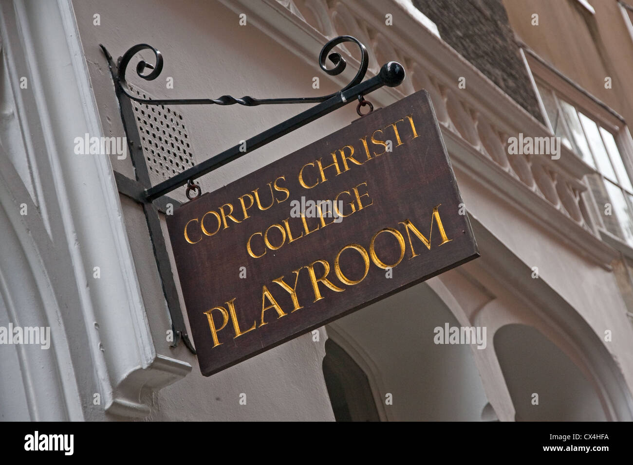 Sign outside Corpus Christi College Playroom, Cambridge Stock Photo