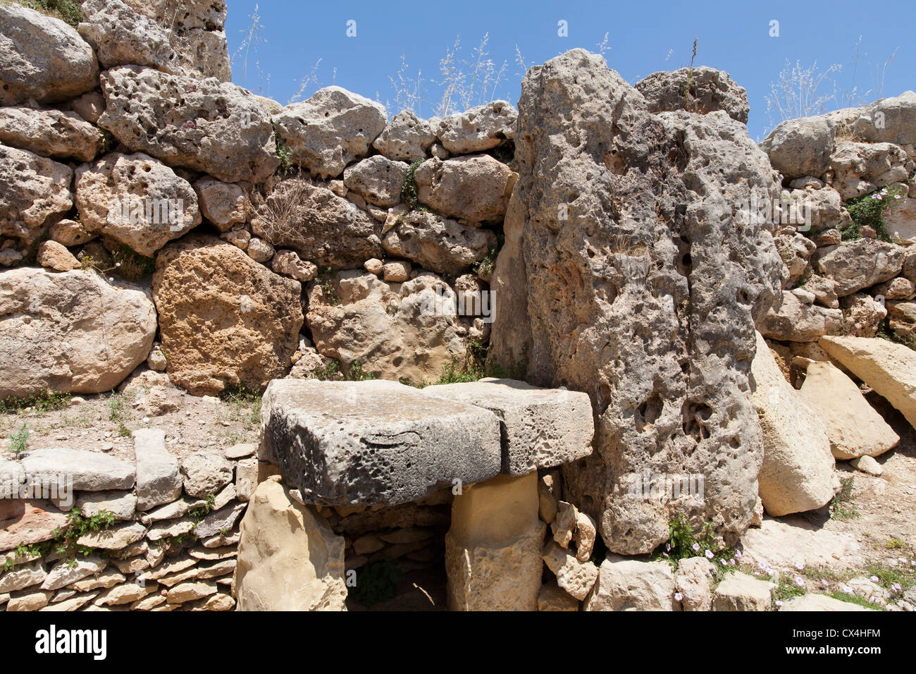 Altar blocks at the Ggantija Temples near Xagha, Island of Gozo, close to Malta, Mediterranean Sea. Stock Photo
