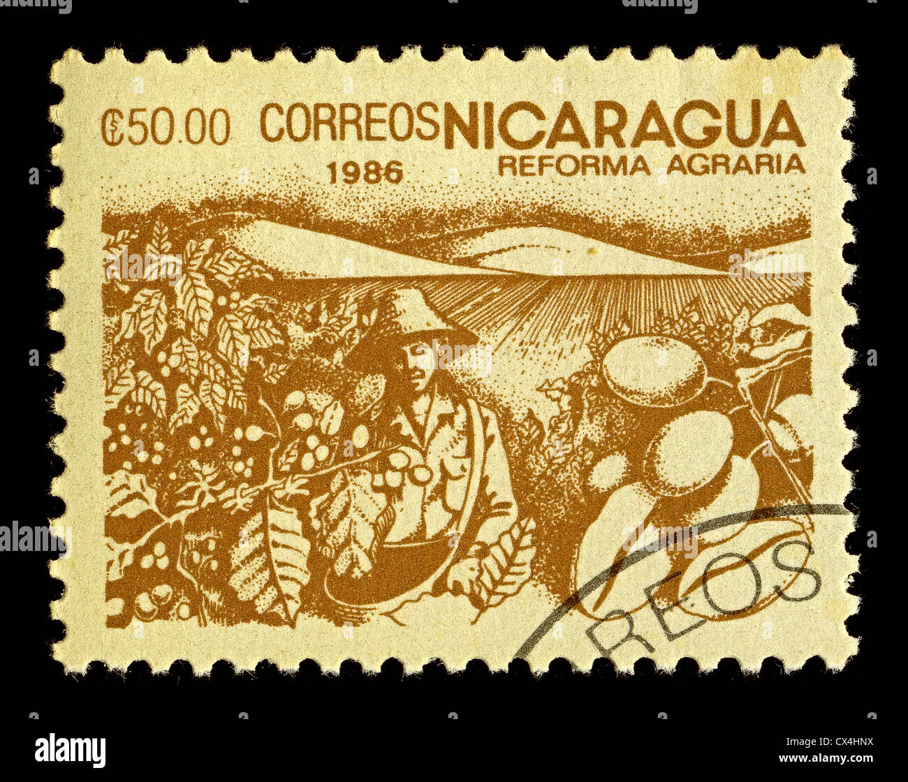 NICARAGUACIRCA 1986A stamp printed in NICARAGUA shows image of agrarian reform, circa 1986