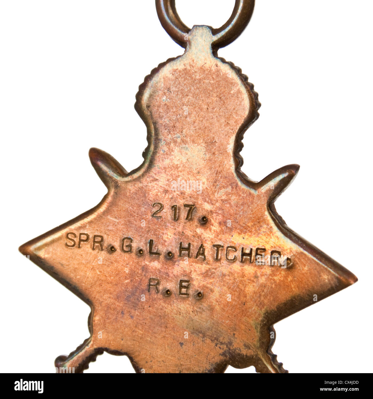 Reverse side of WW1 British '1914-15 Star' military campaign medal, awarded to G.L. Hatcher (Sapper, Royal Engineers, No 217) Stock Photo