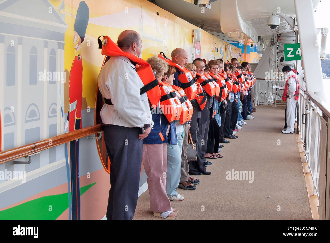 Mandatory guest boat drill for new passengers of Cruise Ship Stock