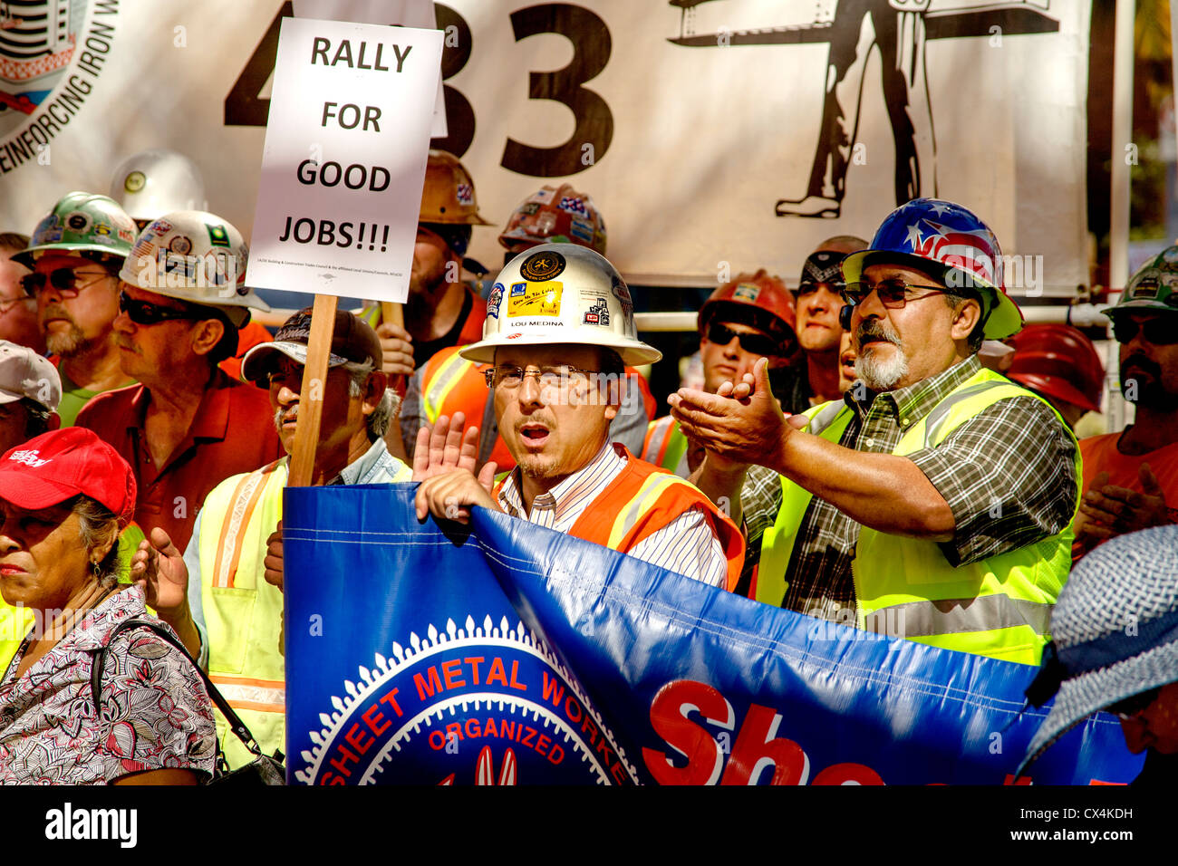 At Anaheim, CA, city hall, workers protest a city council ballot measure restricting local workers' hiring. Stock Photo