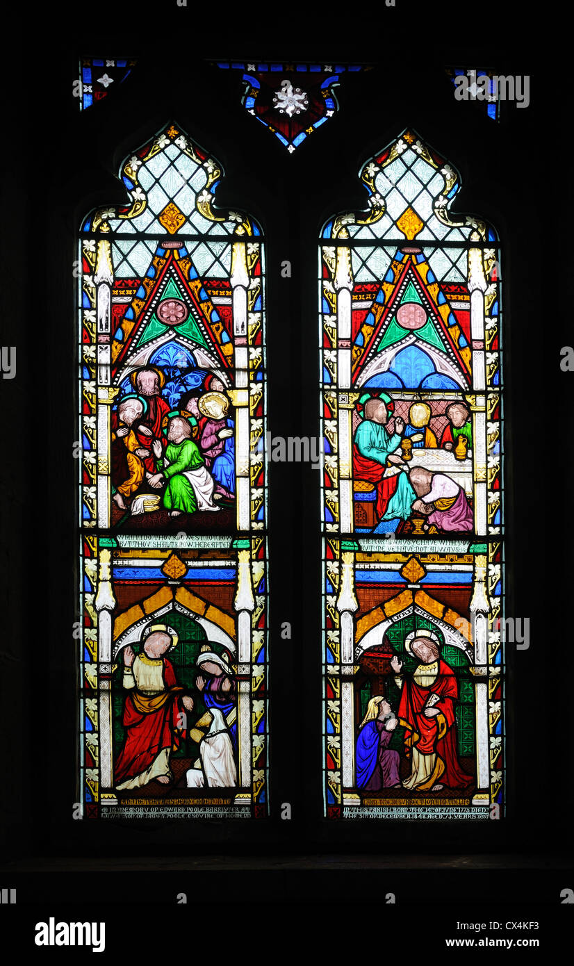 Stained glass (c.1852) designed by Frederick Preedy, in the Church of St. Lawrence, Stretton Grandison, Herefordshire, England Stock Photo