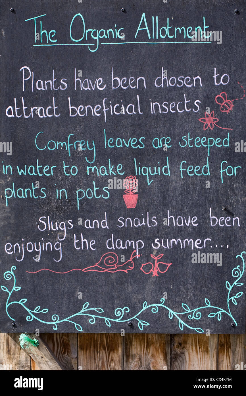 The Organic Allotment blackboard. Information for visitors at Ryton organic gardens. Stock Photo
